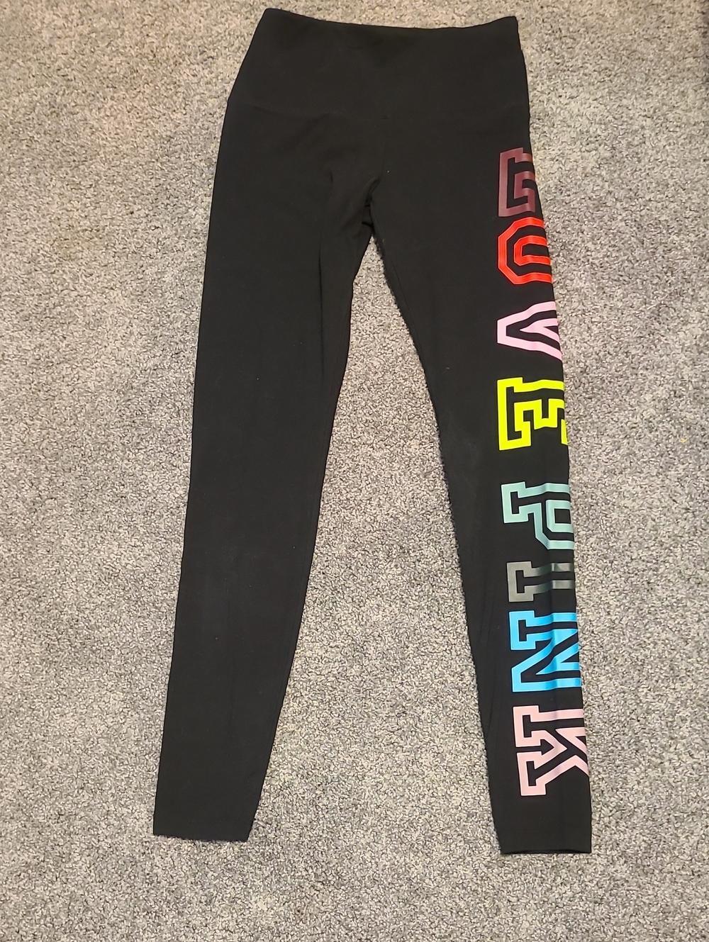 PINK Victoria's Secret Black Leggings with Neon Multicolor Side Logo